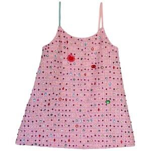 NWT RICH FASHION Dress L Pink Tweed Boucle Jeweld Beaded Appliqué Sparkly A-Line